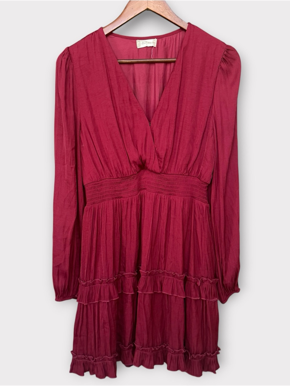 Altar’d State Burgundy Smocked Mini Dress Long Sleeve Satin Ruffle Size Large